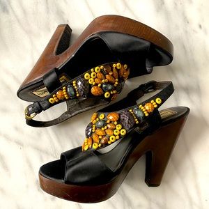 Luxury Rebel Black Satin Beaded Platform Sandals